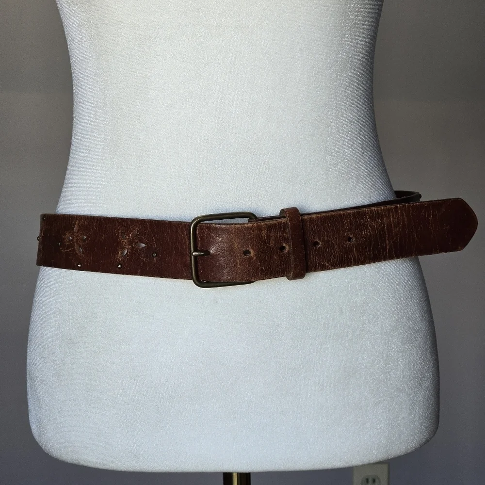 Vintage Western Boho Brown Butterfly Cut-Out Leather Studded Belt Brass Buckle